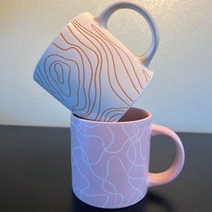 Set of 2  WK WHITNEY KERNEY Pastel Stoneware Mugs Abstract Incised Line Designs